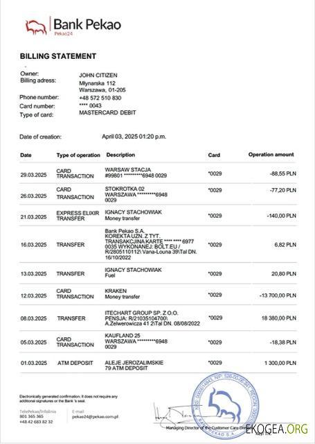 Modèle Word et PDF de relevé de compte de la banque Pekao en Pologne